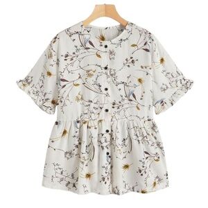 Button down peplum peasant blouse with muted floral pattern